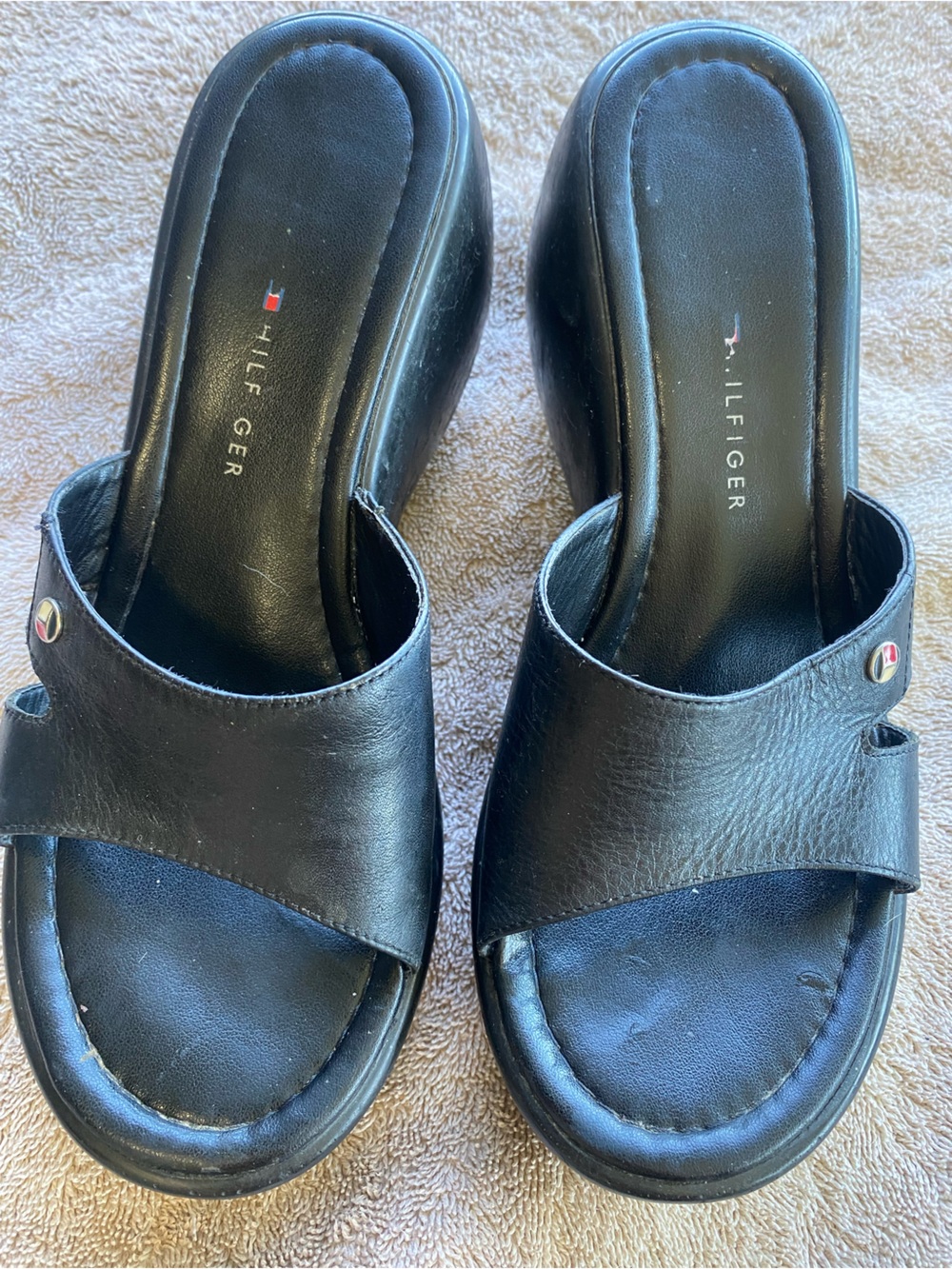 Vintage Y2K Tommy Hilfiger Chunky Black Leather Platform Wedge 90s 8